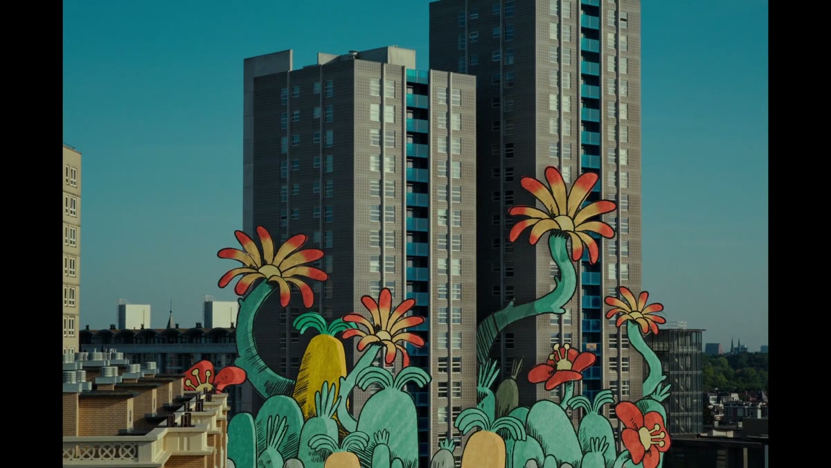 Painted flowers grow up a tower block, from the ASN Bank film