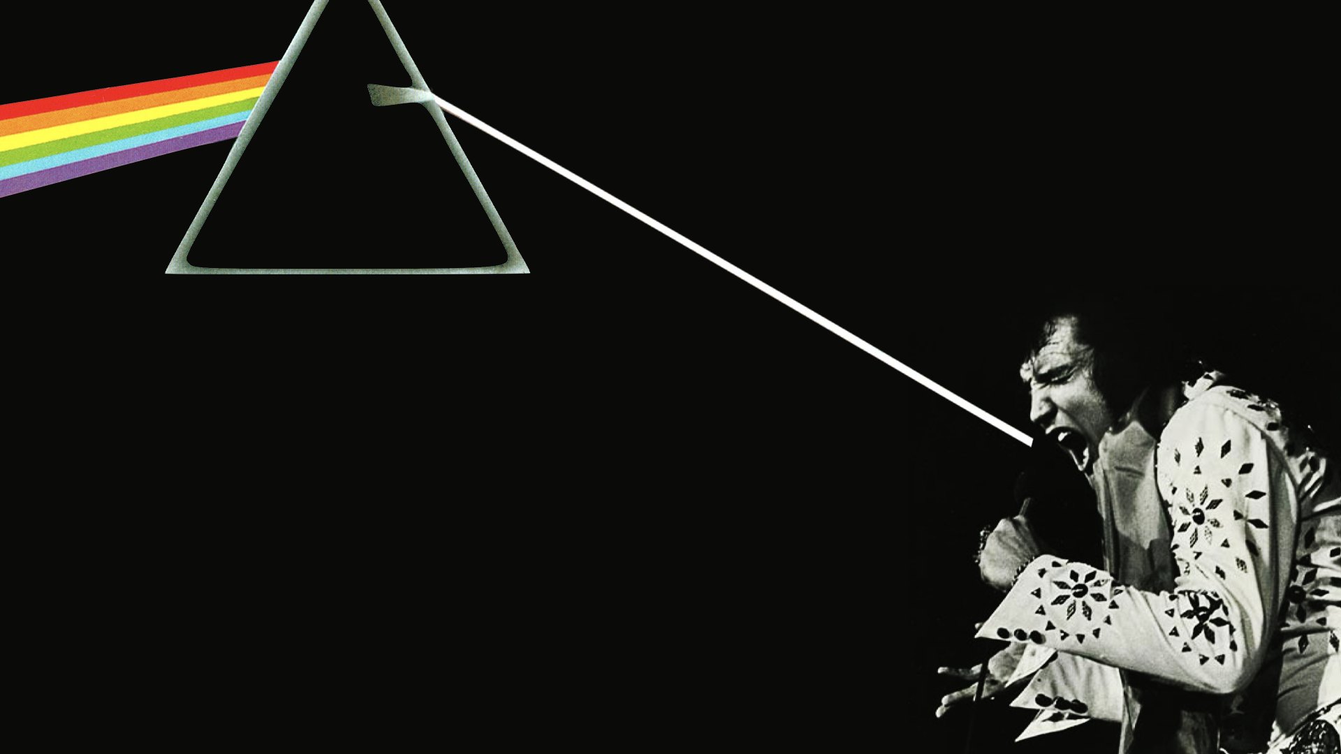 Elvis sings; a white beam from his mouth runs through a prism and comes out as a rainbow.
